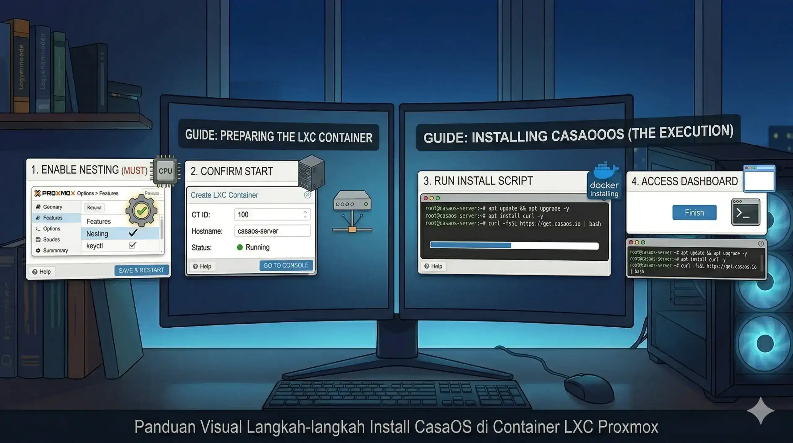 Panduan visual langkah demi langkah install CasaOS di LXC Proxmox, mulai dari setting Nesting hingga menjalankan script install di console.