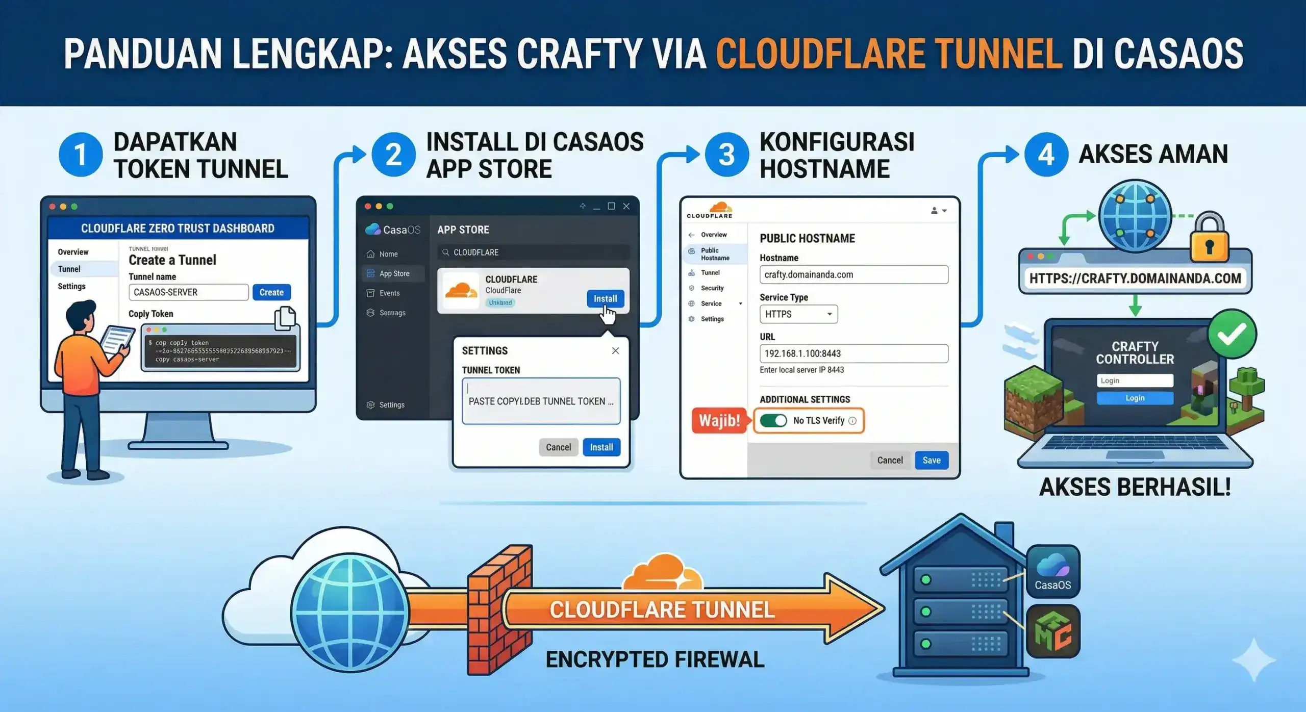 Infografis alur instalasi Cloudflare Tunnel via CasaOS App Store untuk akses aman Crafty Controller HTTPS.