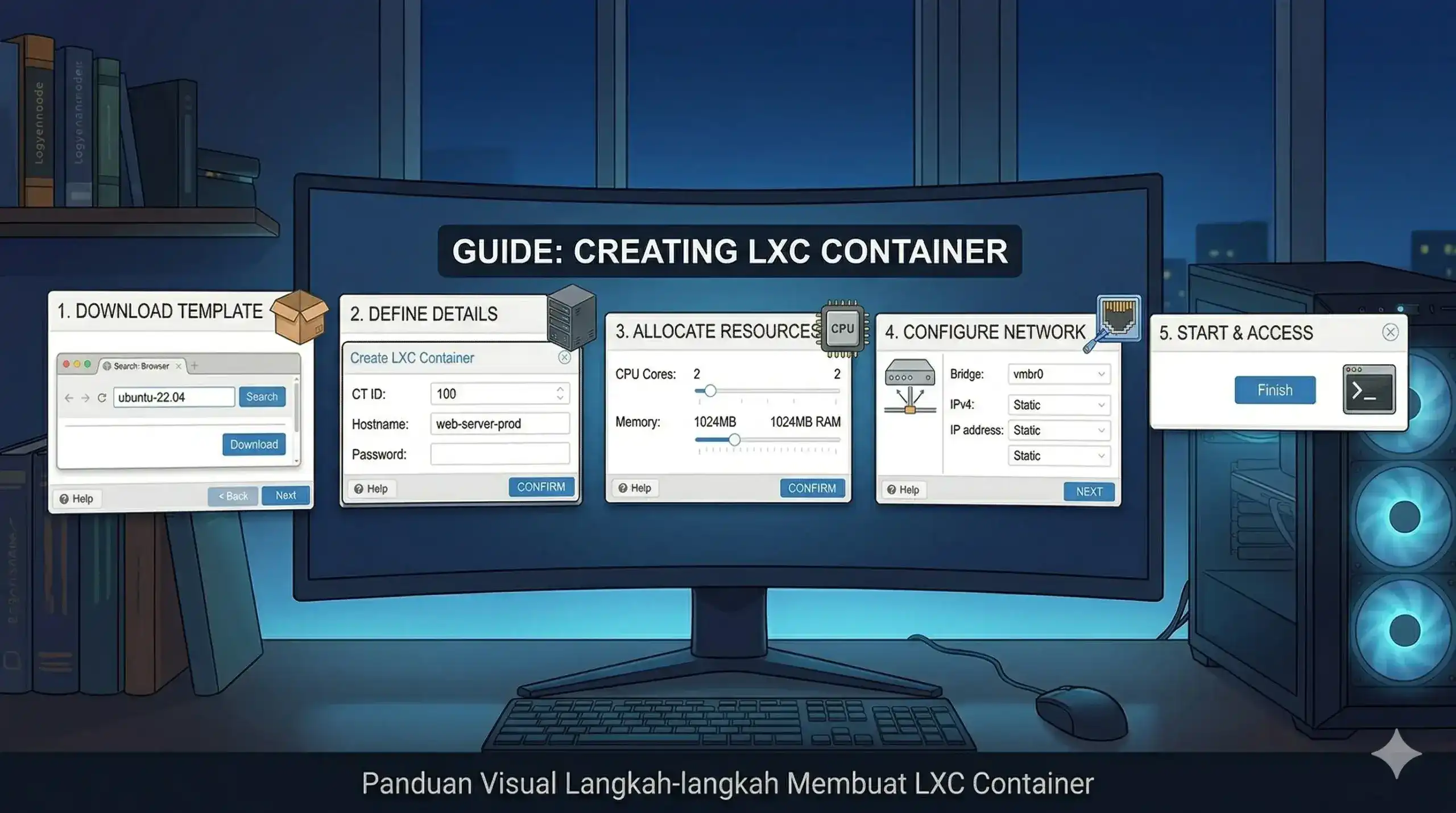 Panduan visual langkah-langkah membuat LXC Container di Proxmox VE, mulai dari download template hingga alokasi resource dan konfigurasi jaringan.