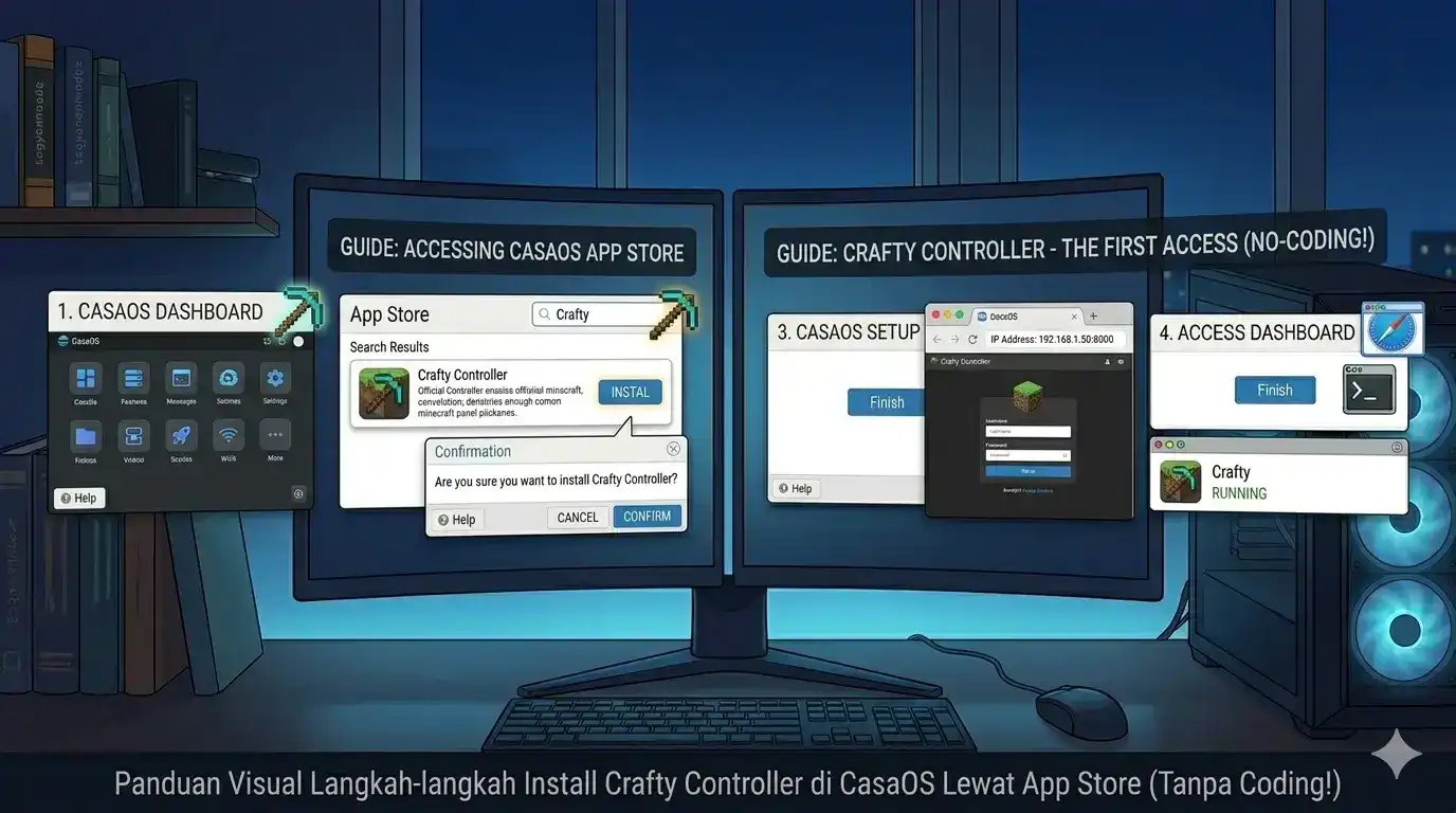 Infografis panduan visual langkah demi langkah cara menginstal Crafty Controller (panel Minecraft) di dashboard CasaOS menggunakan App Store, tanpa coding.