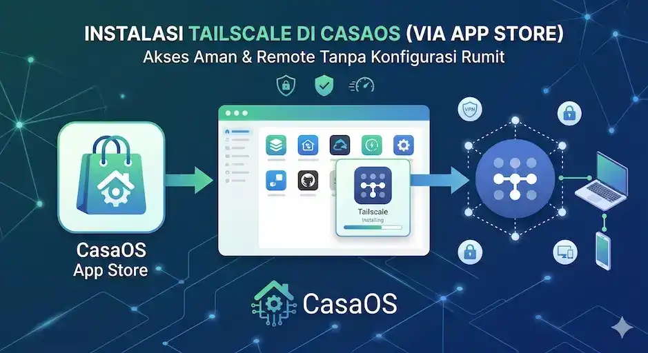 Ilustrasi proses instalasi Tailscale melalui Application Store CasaOS untuk akses remote server yang aman dan mudah