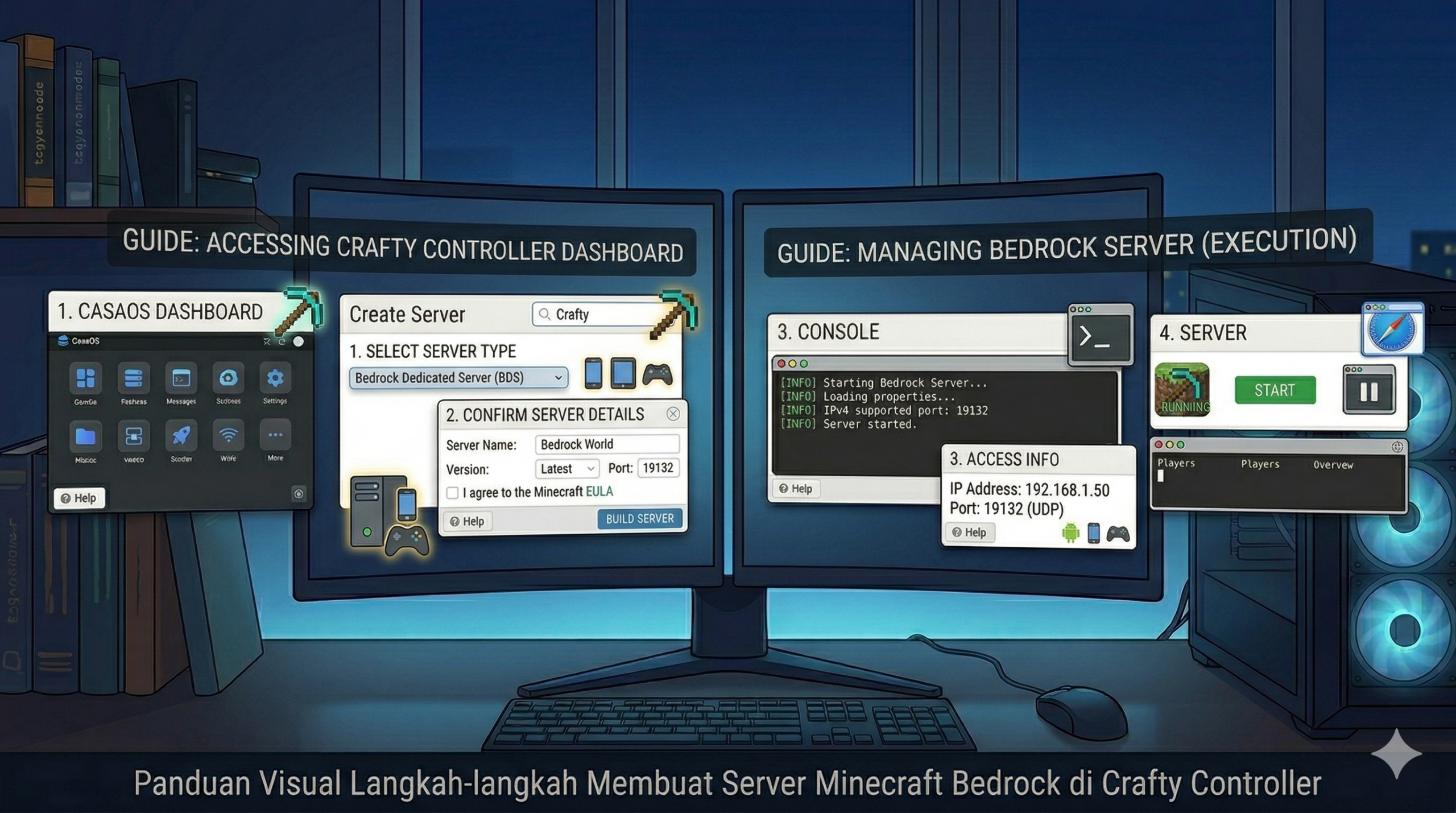 Panduan visual langkah demi langkah membuat server Minecraft Bedrock di Crafty Controller, menampilkan pemilihan tipe server, pengisian detail server, console log, dan info akses IP Port.