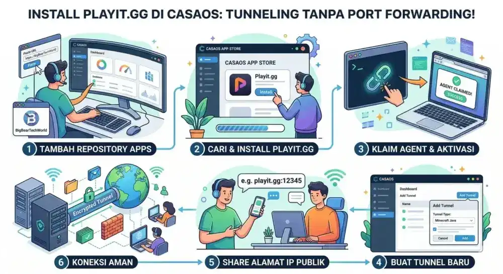 Tutorial visual instalasi Playit.gg di dashboard CasaOS App Store